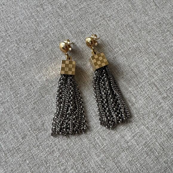 Louis Vuitton Damier Charlie Drop Tassel Chain Two Tone Brass Earrings Jewelry - Picture 3 of 8